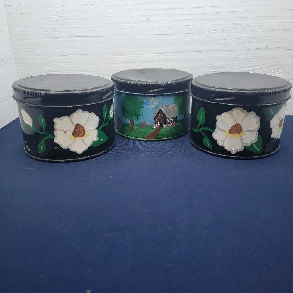 Vintage Black Floral Farmhouse Tin Set 3 Round Storage Canisters Decor